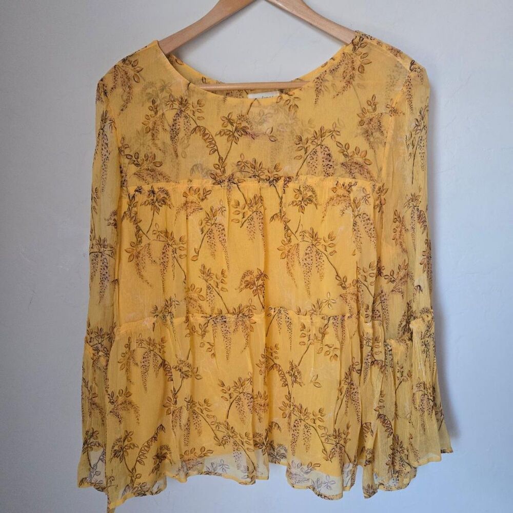 Sundance Yellow Floral Tiered Long Bell Sleeve Blouse Size Medium